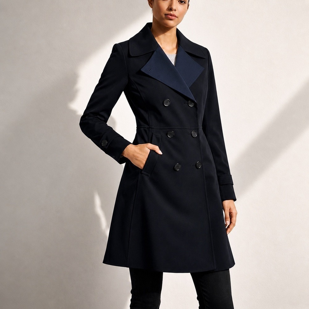Trina Turk Tara Waterproof Blue Black Long Trench Coat SZ 8 Quiet Luxury Preppy